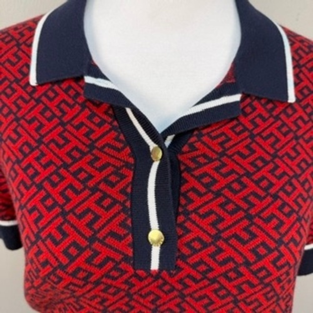 Tommy Hilfiger Knit‎ Polo Top and Skirt Set Red Navy Geometric Preppy Medium